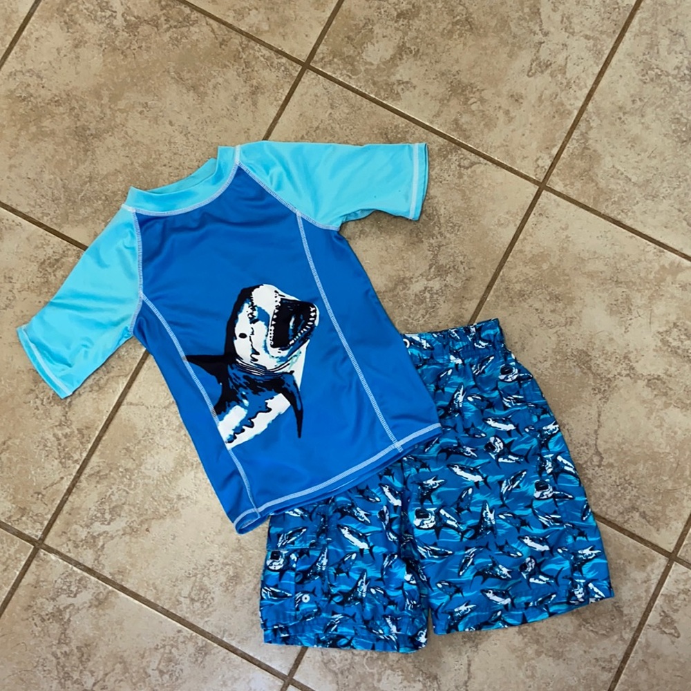O’Rageous Shark Swim Trunks and Rash Guard Top with Bonus Rash Guard